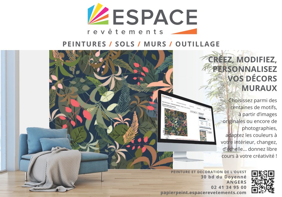 Photo qui informe que chez Espace revêtements Angers , un magasin de décoration et bricolage de la maison, vous pouvez faire faire votre papier peint sur mesure.